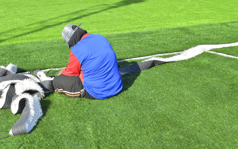 man-install-artificial-grass-field